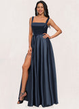 Pearl A-line Straight Floor-Length Satin Prom Dresses With Bow STIP0022195