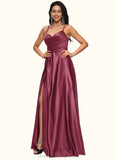 Finley A-line V-Neck Floor-Length Satin Prom Dresses STIP0022197