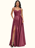 Finley A-line V-Neck Floor-Length Satin Prom Dresses STIP0022197