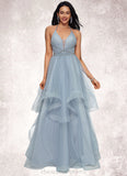 Joan Ball-Gown/Princess Halter V-Neck Floor-Length Tulle Prom Dresses With Beading Rhinestone Sequins STIP0022199