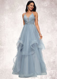 Joan Ball-Gown/Princess Halter V-Neck Floor-Length Tulle Prom Dresses With Beading Rhinestone Sequins STIP0022199