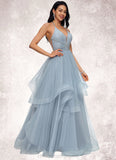 Joan Ball-Gown/Princess Halter V-Neck Floor-Length Tulle Prom Dresses With Beading Rhinestone Sequins STIP0022199