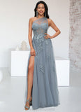 Jessie A-line One Shoulder Floor-Length Tulle Prom Dresses With Appliques Lace Sequins STIP0022200