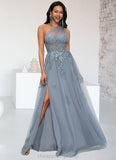 Jessie A-line One Shoulder Floor-Length Tulle Prom Dresses With Appliques Lace Sequins STIP0022200