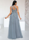 Jessie A-line One Shoulder Floor-Length Tulle Prom Dresses With Appliques Lace Sequins STIP0022200