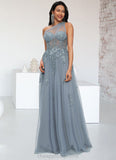 Jessie A-line One Shoulder Floor-Length Tulle Prom Dresses With Appliques Lace Sequins STIP0022200