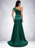 Veronica Trumpet/Mermaid One Shoulder Sweep Train Stretch Satin Prom Dresses With Beading STIP0022205