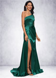 Veronica Trumpet/Mermaid One Shoulder Sweep Train Stretch Satin Prom Dresses With Beading STIP0022205