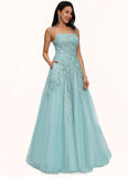 Adriana Ball-Gown/Princess Straight Floor-Length Tulle Prom Dresses With Appliques Lace Sequins STIP0022206