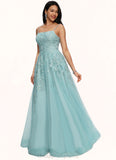 Adriana Ball-Gown/Princess Straight Floor-Length Tulle Prom Dresses With Appliques Lace Sequins STIP0022206