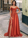 Marie A-line Off the Shoulder Sweep Train Satin Prom Dresses With Rhinestone STIP0022208