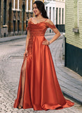 Marie A-line Off the Shoulder Sweep Train Satin Prom Dresses With Rhinestone STIP0022208