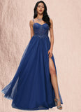 Mikayla Ball-Gown/Princess Sweetheart Sweep Train Tulle Prom Dresses With Appliques Lace Sequins STIP0022210