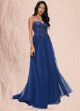 Mikayla Ball-Gown/Princess Sweetheart Sweep Train Tulle Prom Dresses With Appliques Lace Sequins STIP0022210