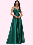 Miley A-line V-Neck Floor-Length Stretch Satin Prom Dresses STIP0022211