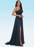 Natalya A-line Asymmetrical Sweep Train Chiffon Prom Dresses With Pleated STIP0022212