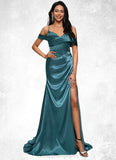 Barbara Trumpet/Mermaid V-Neck Sweep Train Stretch Satin Prom Dresses With Beading Rhinestone Sequins STIP0022213