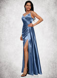 Melissa Sheath/Column V-Neck Floor-Length Stretch Satin Prom Dresses With Pleated STIP0022214