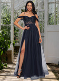 Cynthia Ball-Gown/Princess Off the Shoulder Floor-Length Tulle Prom Dresses With Appliques Lace Sequins STIP0022221