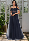 Cynthia Ball-Gown/Princess Off the Shoulder Floor-Length Tulle Prom Dresses With Appliques Lace Sequins STIP0022221