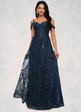 Kaylynn A-line V-Neck Floor-Length Lace Prom Dresses With Sequins STIP0022222