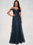 Kaylynn A-line V-Neck Floor-Length Lace Prom Dresses With Sequins STIP0022222