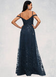 Kaylynn A-line V-Neck Floor-Length Lace Prom Dresses With Sequins STIP0022222