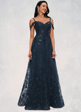 Kaylynn A-line V-Neck Floor-Length Lace Prom Dresses With Sequins STIP0022222