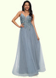 Hazel A-line V-Neck Floor-Length Tulle Prom Dresses With Appliques Lace Sequins STIP0022223