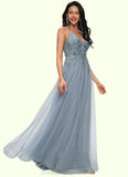 Hazel A-line V-Neck Floor-Length Tulle Prom Dresses With Appliques Lace Sequins STIP0022223