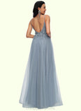 Hazel A-line V-Neck Floor-Length Tulle Prom Dresses With Appliques Lace Sequins STIP0022223