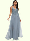 Hazel A-line V-Neck Floor-Length Tulle Prom Dresses With Appliques Lace Sequins STIP0022223