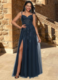 Nicole A-line V-Neck Floor-Length Tulle Prom Dresses With Sequins STIP0022224