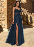 Nicole A-line V-Neck Floor-Length Tulle Prom Dresses With Sequins STIP0022224