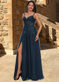 Nicole A-line V-Neck Floor-Length Tulle Prom Dresses With Sequins STIP0022224