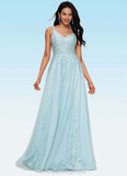 Avery A-line V-Neck Floor-Length Tulle Prom Dresses With Rhinestone Appliques Lace Sequins STIP0022225