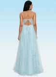 Avery A-line V-Neck Floor-Length Tulle Prom Dresses With Rhinestone Appliques Lace Sequins STIP0022225