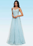 Avery A-line V-Neck Floor-Length Tulle Prom Dresses With Rhinestone Appliques Lace Sequins STIP0022225