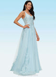 Avery A-line V-Neck Floor-Length Tulle Prom Dresses With Rhinestone Appliques Lace Sequins STIP0022225