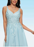 Avery A-line V-Neck Floor-Length Tulle Prom Dresses With Rhinestone Appliques Lace Sequins STIP0022225