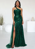 Alyvia Trumpet/Mermaid One Shoulder Sweep Train Sequin Prom Dresses With Sequins STIP0022226