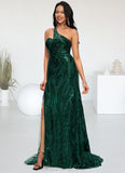 Alyvia Trumpet/Mermaid One Shoulder Sweep Train Sequin Prom Dresses With Sequins STIP0022226