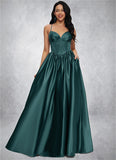 Adelyn Ball-Gown/Princess V-Neck Floor-Length Satin Prom Dresses With Pleated STIP0022230