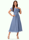 Isabela A-line V-Neck Tea-Length Chiffon Cocktail Dress With Ruffle STIP0022233