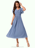 Isabela A-line V-Neck Tea-Length Chiffon Cocktail Dress With Ruffle STIP0022233