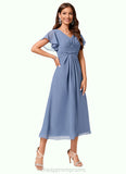 Isabela A-line V-Neck Tea-Length Chiffon Cocktail Dress With Ruffle STIP0022233