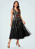 Rose A-line V-Neck Tea-Length Lace Tulle Cocktail Dress With Appliques Lace STIP0022260