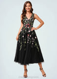 Rose A-line V-Neck Tea-Length Lace Tulle Cocktail Dress With Appliques Lace STIP0022260