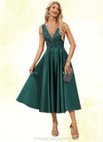 Shaylee A-line V-Neck Tea-Length Lace Satin Evening Dress With Sequins STIP0022270