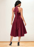 Cara A-line Halter One Shoulder V-Neck Asymmetrical Silky Satin Cocktail Dress With Ruffle STIP0022280